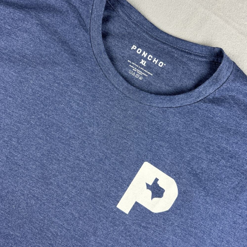 Poncho Outdoors Graphic T-Shirt Mens Large Blue Hunt Texas Logo Short Sleeve